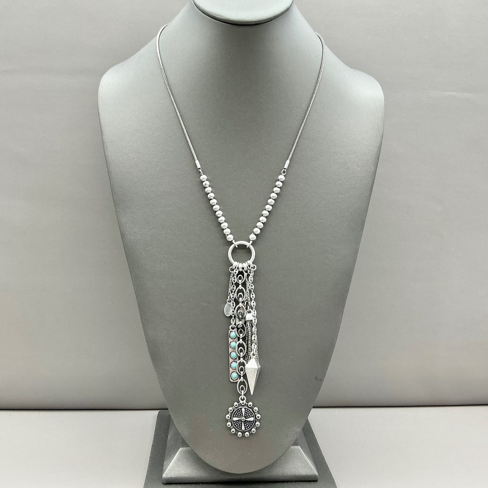 Lucky Brand Pendant Necklace Women Silver Tone Boho Charm Tassel Adjustable Long